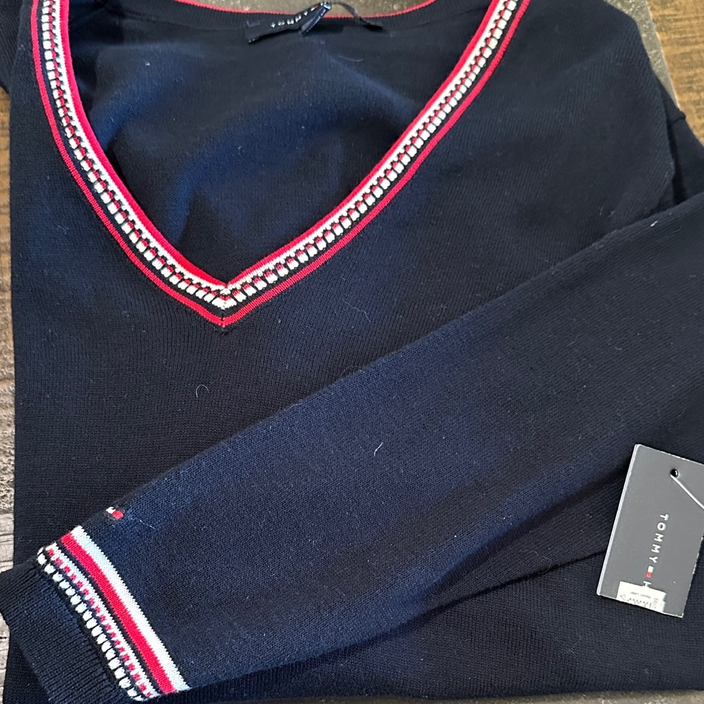 NEW Tommy Hilfiger Women's Navy Sweater with Red and White Trim